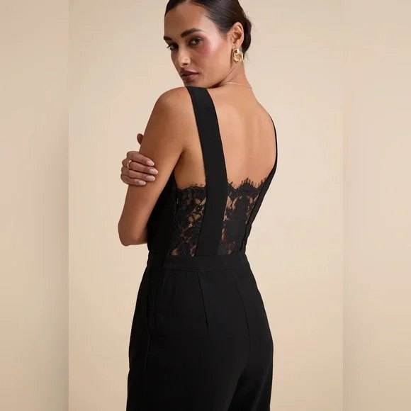 Dark Feminine Lace Wide Leg Evening Jumpsuit Chic - Picture 6 of 8